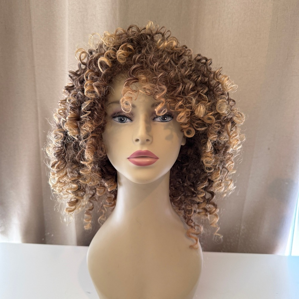 Honey Blonde Mix Curly Synthetic Wig Shoulder Length Ringlet Curls Open Weft